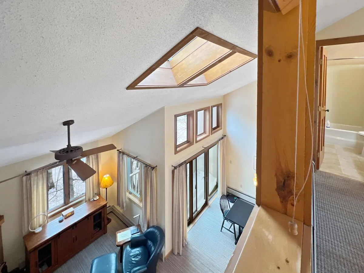 A cozy seating area bathed in natural light from a skylight and large windows, featuring a blue chair, wooden furniture, and a peaceful atmosphere. The view through the windows hints at the natural surroundings outside, connecting the interior with the world beyond.
